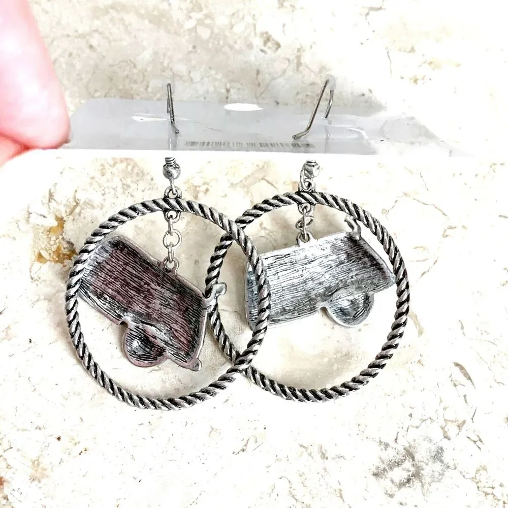 Silver Hoop Happy Camper Earrings NEW Vintage Travel Trailer Charm French Hook